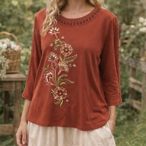 Alfred Dunner Rust Floral Embroidered Crochet Trim Top Size L Boho Cottagecore